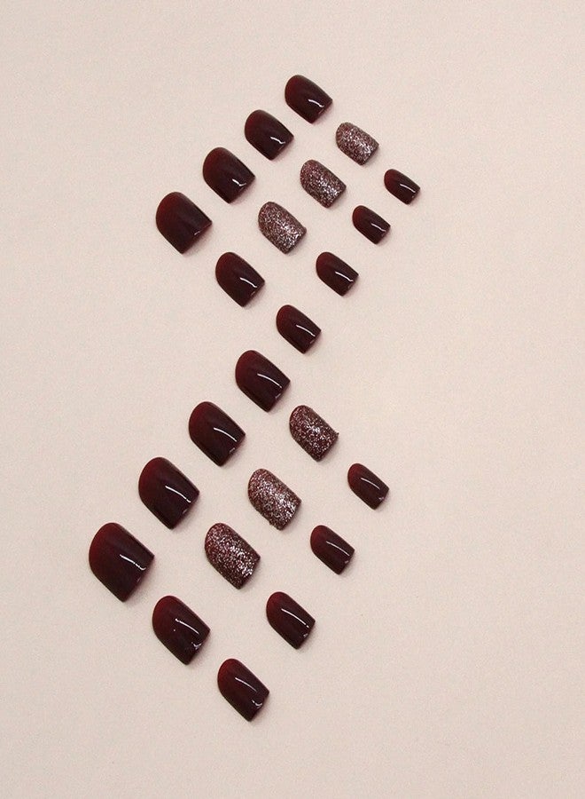 MISUD Press on Nails - Short Square Fake Nails with Burgundy, Acrylic Bling Glitter Design 24 pcs - Image 3